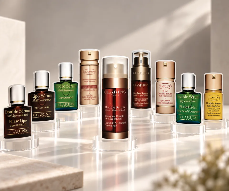 Clarins Serum-Produktmotive auf transparenten Podesten