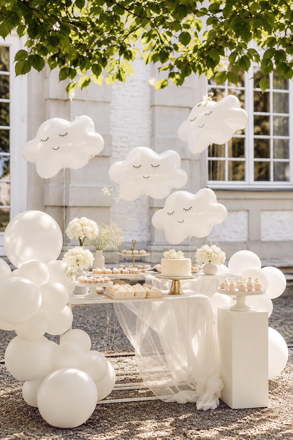 Heller Sweet Table mit Wolkenballons unter grünen Bäumen